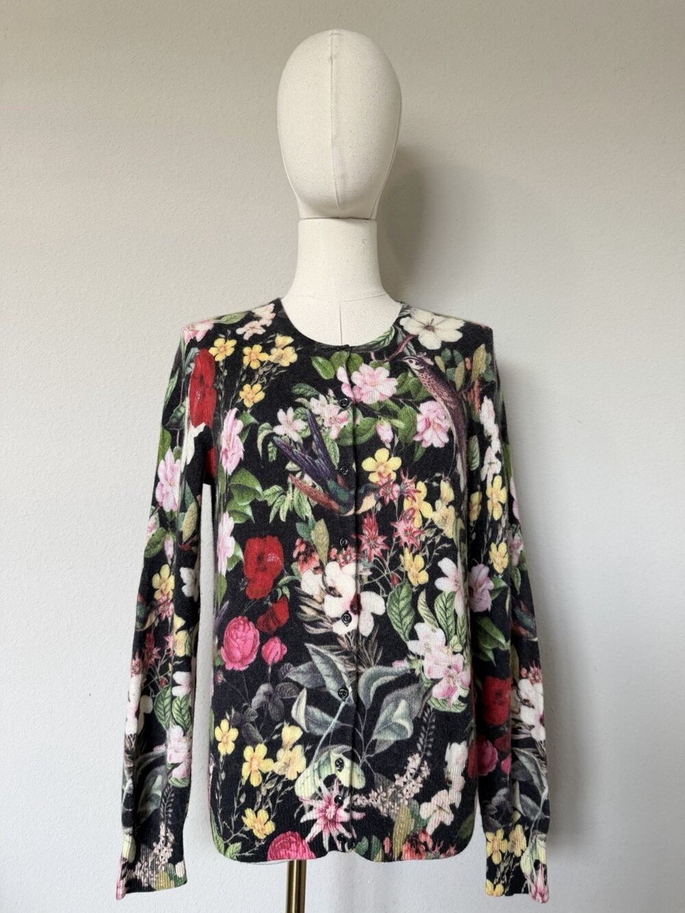 Lord & Taylor Size M 100% Cashmere Floral Bird Crewneck Cardigan Sweater